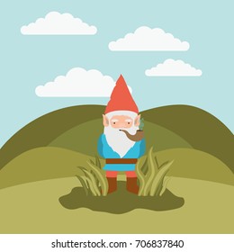 gnome fantastic character coming out of the bushes with smoking pipe in mountain landscape background vector illustration