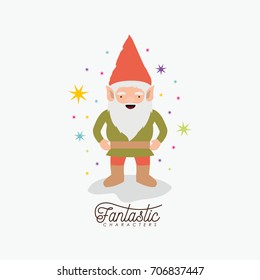 gnome fantastic character with costume and colorful sparks and stars on white background vector illustration