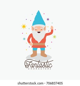 gnome fantastic character greeting expression with costume and colorful sparks and stars on white background vector illustration