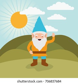 gnome fantastic character greeting expression in mountain landscape background vector illustration