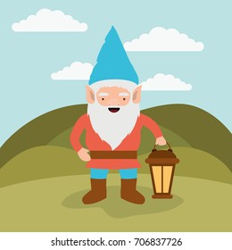 gnome fantastic character with hand lamp in mountain landscape background vector illustration