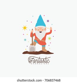 gnome fantastic character with shovel and colorful sparks and stars on white background vector illustration