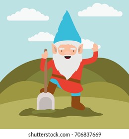 gnome fantastic character with shovel in mountain landscape background vector illustration