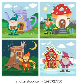 Gnome fantasy house vector cartoon fairy treehouse and magic housing village illustration set of kids banners. Fairytale playhouse for gnome or elf, mushroom, old tree and kettle.