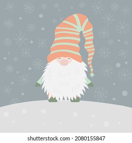 Gnome - flat cartoon vector drawing, template for New Year's card. Cheerful little man in a hat and a beard for a winter celebration with snow.