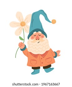 Gnome with flower. Cute garden dwarf in costume and hat. Yard decoration element, fairy tale character, blue and orange colors. Vector isolated on white background illustration