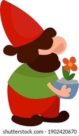 Gnome with a flower, illustration, vector on a white background.