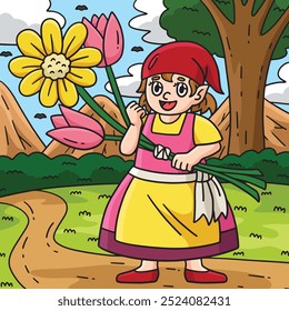 Gnome com flores colorido Desenho Animado Ilustração