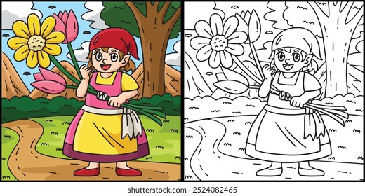 Gnome com flores colorindo página Ilustração