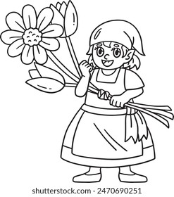 Gnome with Flowers Isolated Coloring Page for Kids