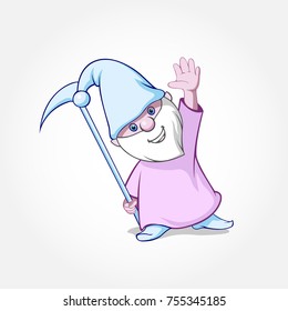 Gnome Funny illustration with pickaxe. Vector cartoon character.