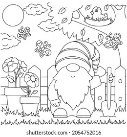 Gnome in the garden. Coloring book page for kids. Cartoon style character. Vector illustration isolated on white background.