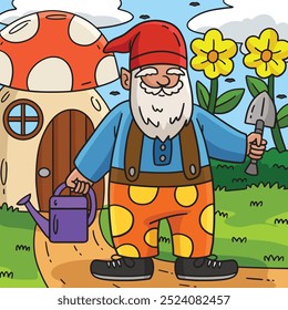 Gnome com Ferramentas de Jardinagem Desenho Animado Colorido