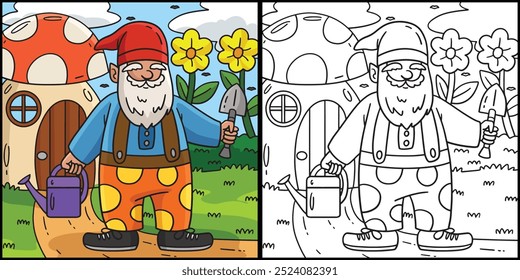 Gnome com Ferramentas de Jardinagem Colorir Ilustração