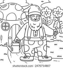 Gnome with Gardening Tools Coloring Page for Kids