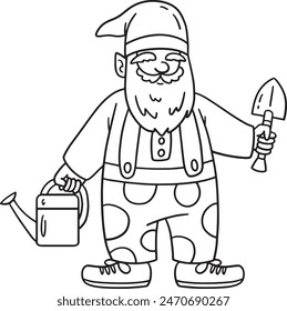 Gnome with Gardening Tools Isolated Coloring Page