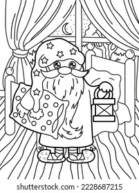 Gnome is getting ready for bed with a pillow and a lantern in his hands. Coloring book for children. Gnome coloring book. Black and white vector illustration.