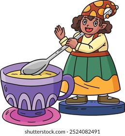 Gnome com um Giant Tea Cup Cartoon Colorido Clipart