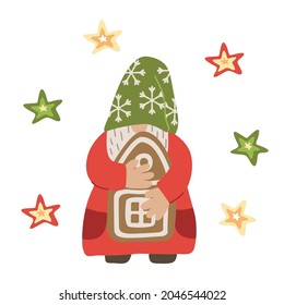 Gnome with a gingerbread house. Vector illustration isolated on white. Red, yellow and green colors.  Great for Christmas cards.