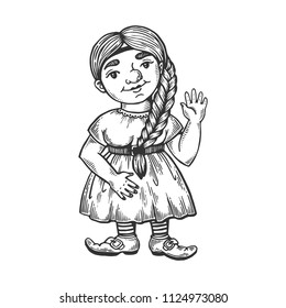 Gnome girl engraving vector illustration. Wroclaw symbol mascot. Scratch board style imitation. Black and white hand drawn image.