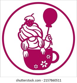 Gnome girl sitting in a cup with a balloon in her hand. File for cutting and sublimation