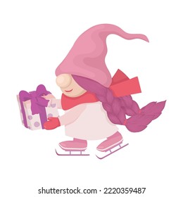 Gnome girl is skating. For a cute Christmas card or gift for a child, toy store decor