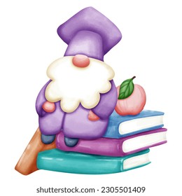 Gnome graduated education concept. Watercolor elements vector design.