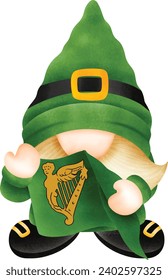 gnome in a green suit and hat with a mustache is holding an Irish flag at St. Patrick's Day.