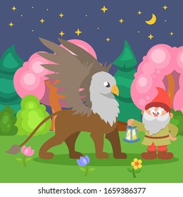 Gnome and griffin mythological characters with lantern in fairytale cartoon forest vector illustration. Magical wood at halloween night fantasy nature landscape card, wallpaper.