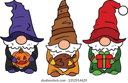 Gnome Hallothanksmas. Funny Design for Halloween, Thanksgiving Day and Christmas. Happy Hallothanksmas. Funny Halloween Thanksgiving Christmas gnomes