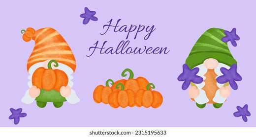 Gnome halloween cartoon character watercolour vector illustration. Adorable gnome hold pumpkin and star candy for halloween decoration. Autumn holiday theme.Happy halloween