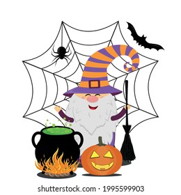 Gnome in a Halloween costume with a pumpkin, a broom and a pot of potion on the background of a spider web and a spider