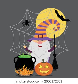 Gnome in a Halloween costume with a pumpkin, a broom and a pot of potion on the background of a spider web and a spider