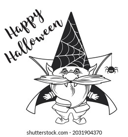 Gnome for halloween linear, pumpkin Potions Spider web and spider, trick or treat, design for thanksgiving day, cartoon spooky dwarf Vector line art for printable greeting cards and coloring pages
