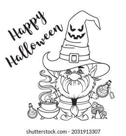 Gnome for halloween linear, pumpkin Potions Spider web and spider, trick or treat, design for thanksgiving day, cartoon spooky dwarf Vector line art for printable greeting cards and coloring pages