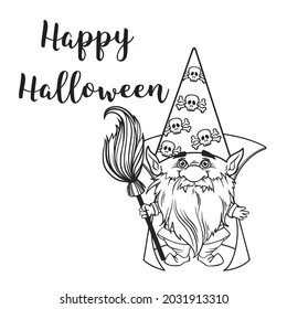 Gnome for halloween linear, pumpkin Potions Spider web and spider, trick or treat, design for thanksgiving day, cartoon spooky dwarf Vector line art for printable greeting cards and coloring pages