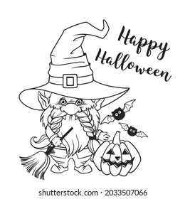 Gnome for halloween linear, pumpkin Potions Spider web and spider, trick or treat, design for thanksgiving day, cartoon spooky dwarf Vector line art for printable greeting cards and coloring pages
