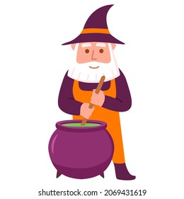 Gnome for halloween.Wizard is brewing a potion in a cauldron.