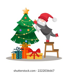 The gnome hangs toys on the Christmas tree. Vector illustration in cartoon style.