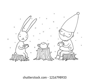 The gnome and the hare drink tea in the forest. Elf and rabbit on a picnic. Hand drawing isolated objects on white background. Vector illustration. 