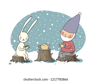 The gnome and the hare drink tea in the forest. Elf and rabbit on a picnic. greeting card. winter fairy tale