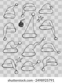 Gnome hat with pompom. Set of Santa hats, collection of headdresses, hand drawing. Black line style without background, eps10