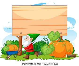 Gnome havest pumpkin with blank banner cartoon style on white background illustration