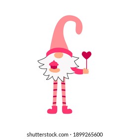 Gnome with heart and cupcake on white background. Vector illustration.