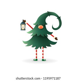 Gnome hidden in Christmas tree with lantern- isolated on transparet background
