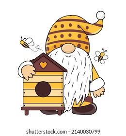 Gnome with hive and bees. Spring bee dwarf. Beautiful gnome with bees.