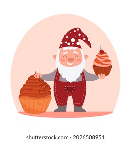 Gnome holding cupcake in his hand. New Years images. Greeting cards for holiday. Character wish you merry christmas. Santa claus helper. Cartoon flat vector illustration isolated on white background