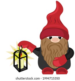 Gnome holding a lantern, isolated on white background, cartoon, clipart, character, vector.