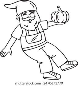 Gnome Holding a Pumpkin Isolated Coloring Page