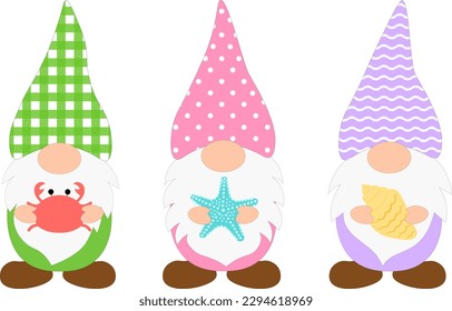 Gnome holding sea animals in his hands crab starfish seashell vector illustration